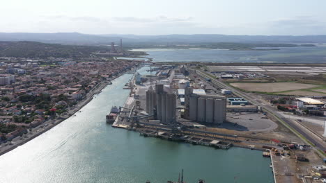 Port-la-Nouvelle-industrial-harbor-commercial-aerial-shot-cranes-grain-silos